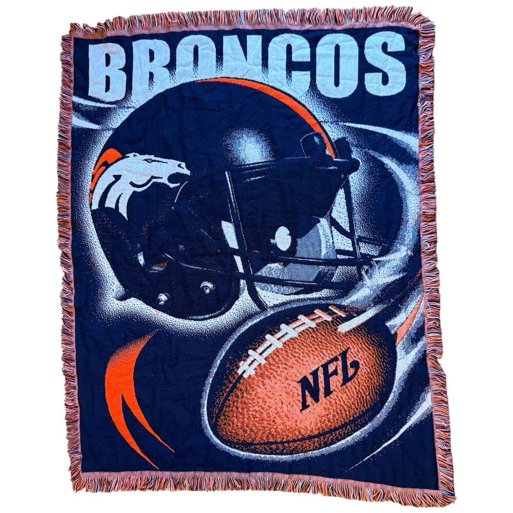 Vintage Denver Broncos Tapestry Throw Blanket Northwest Co USA Made 57x45 Blue